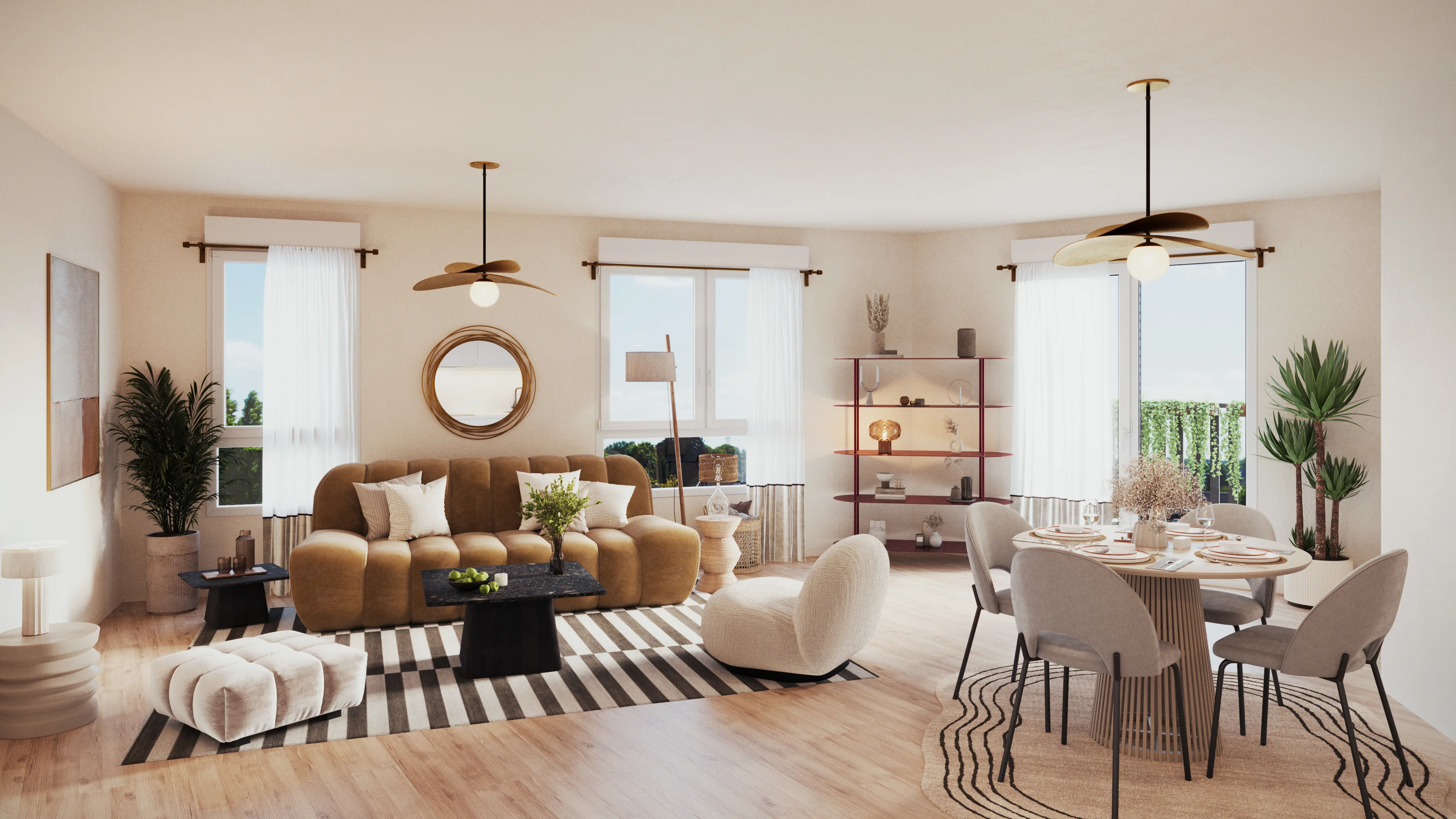 Vue intérieure d'un logement Stay'n — séjour lumineux et cuisine ouverte
